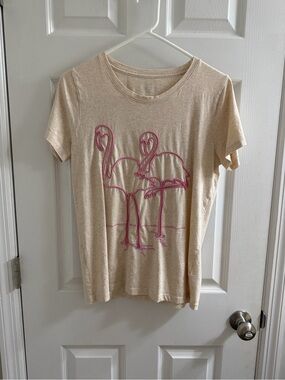 J. Crew Beige Short Sleeve Tee with Pink Flamingo Outline